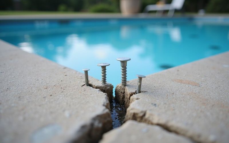 Pool crack repair showing staples and epoxy injection technique