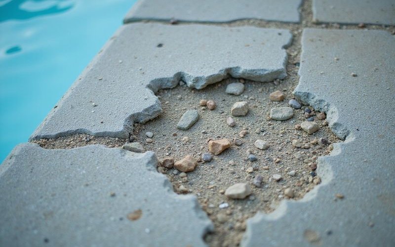 Close up of deteriorating pool surface showing rough texture and exposed material