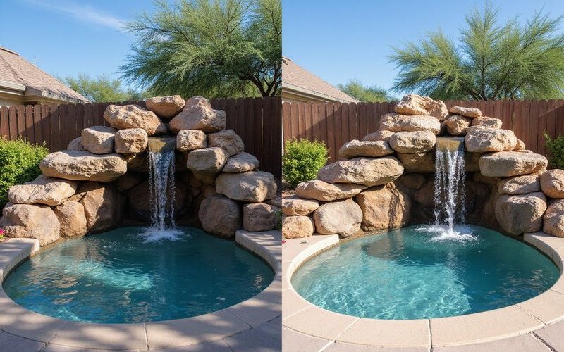 Before and after of waterfall repair showing dramatic restoration of crumbling rock feature