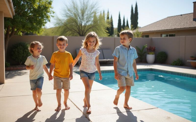Family enjoying summer around pool on comfortable Cool Deck surface