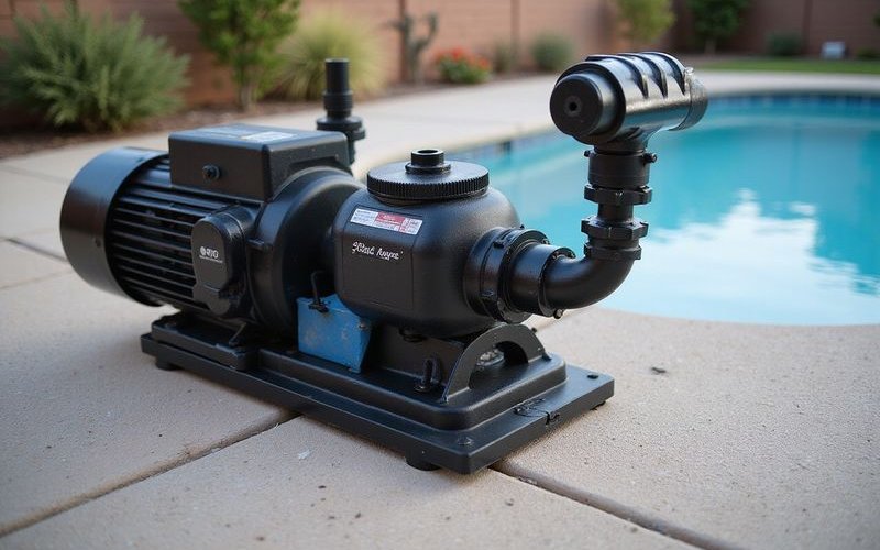 Complete pool equipment setup showing pump filter heater and automation control panel