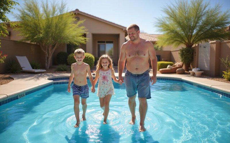 Family enjoying pool deck in Arizona summer with children safely playing on Cool Deck surface