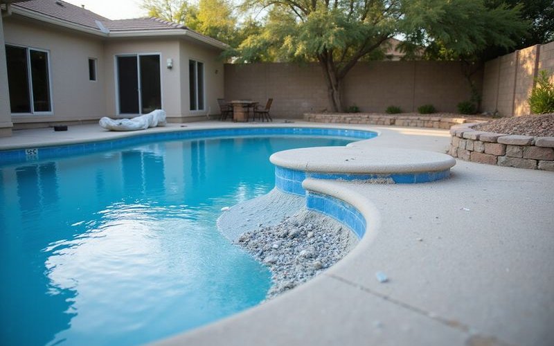 Surface preparation work showing chip-out process on pool shell