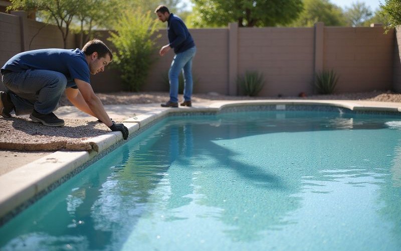 Pool resurfacing team applying Pebble Tec finish
