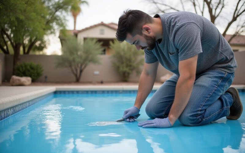 Craftsman applying Cool Deck coating to pool deck