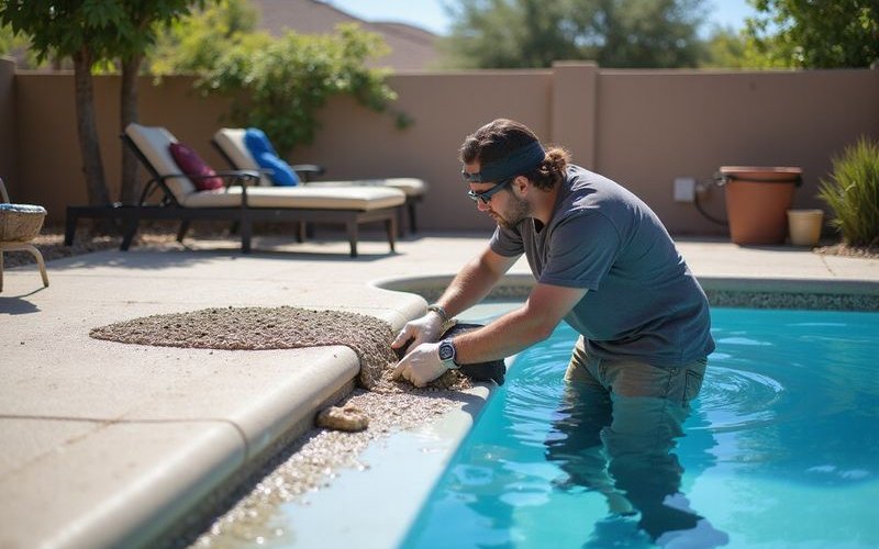Professional technician applying pool finish with specialized tools in Phoenix residential backyard
