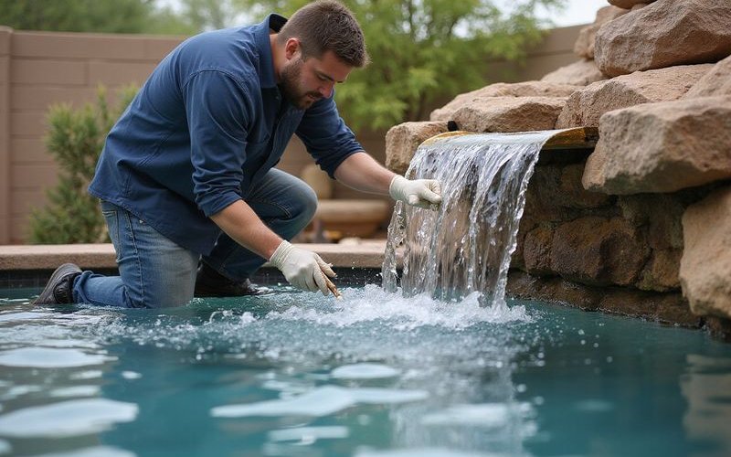 Technician performing water feature repair work with specialized tools and materials