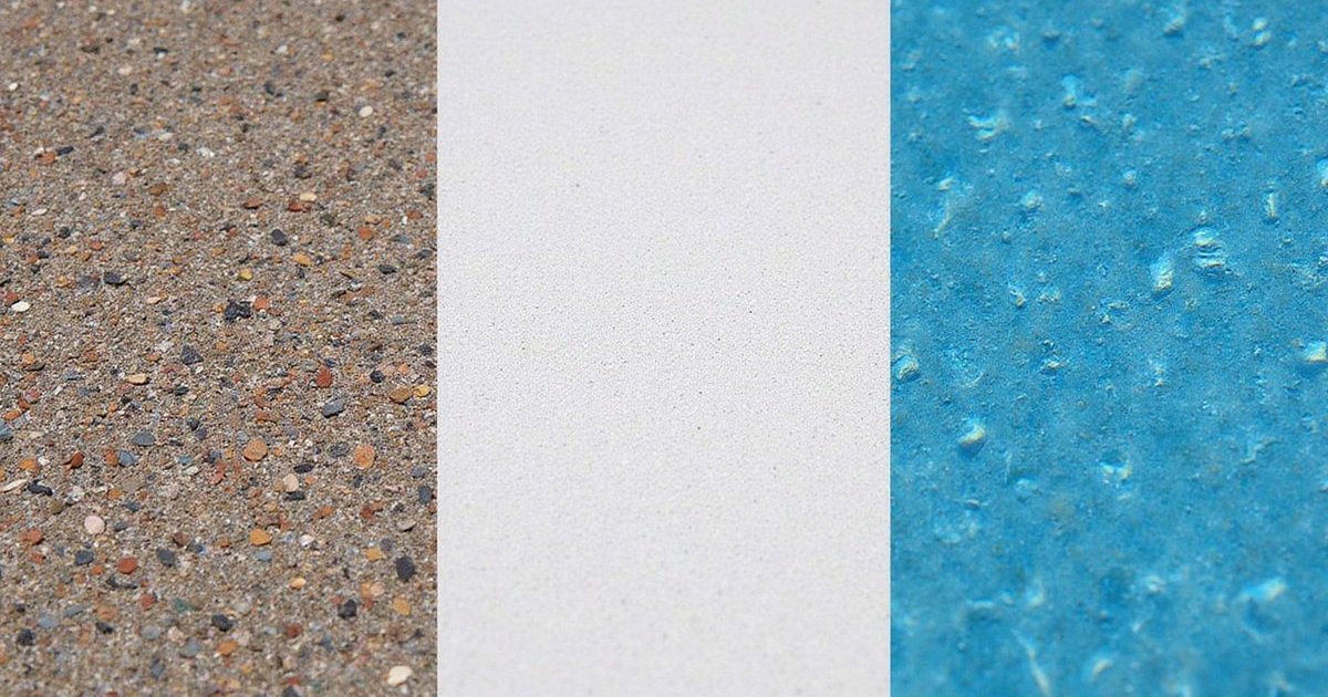 Three pool finish material samples displayed for comparison - Pebble Tec, plaster, and quartz