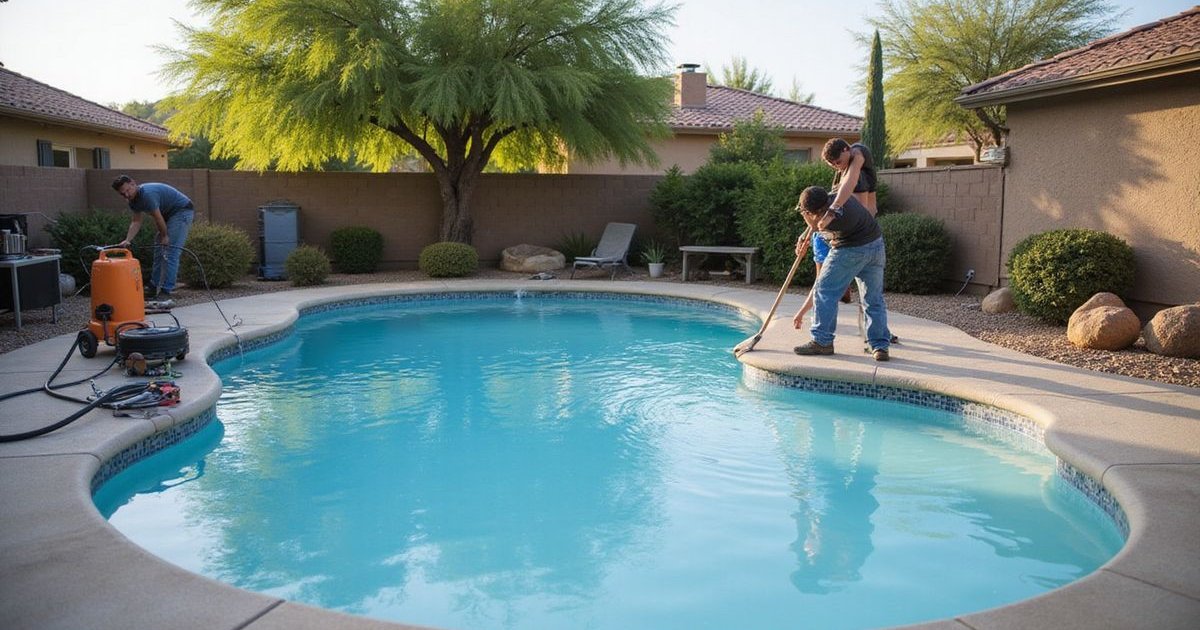 Professional pool resurfacing work being performed in Phoenix residential backyard